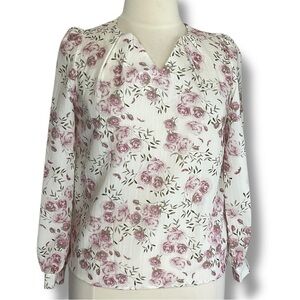 Adrianna Papell‎ Top Floral Print White Pink Roses Longsleeve Blouse Size Large